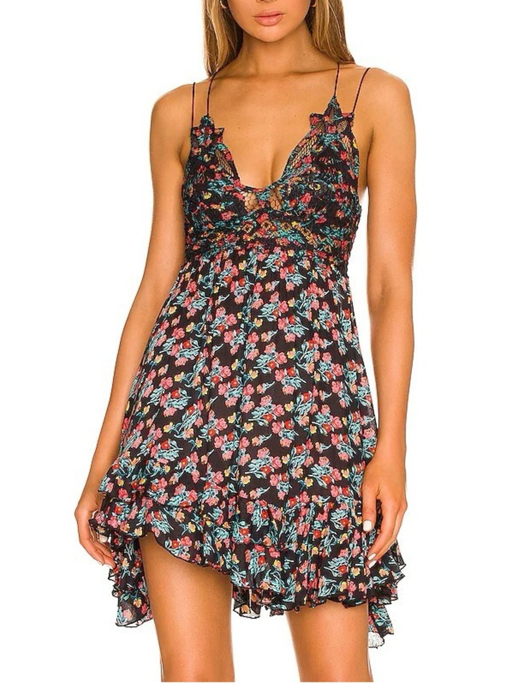 Free People Adella Printed Lace Mini Slip Dress - Black Combo xl